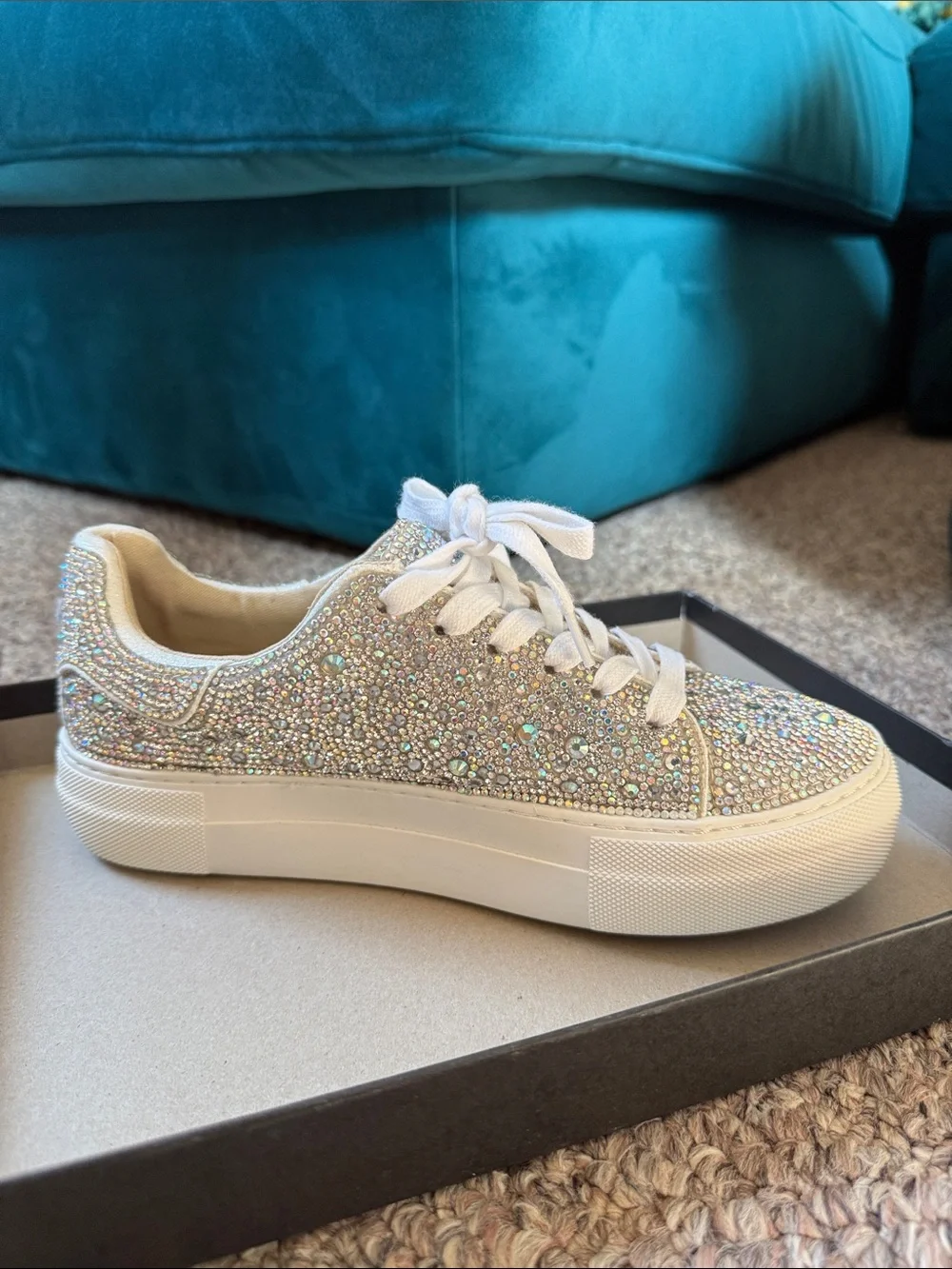 Betsey Johnson Sidny Iridescent Crystal Platform Sneakers - White